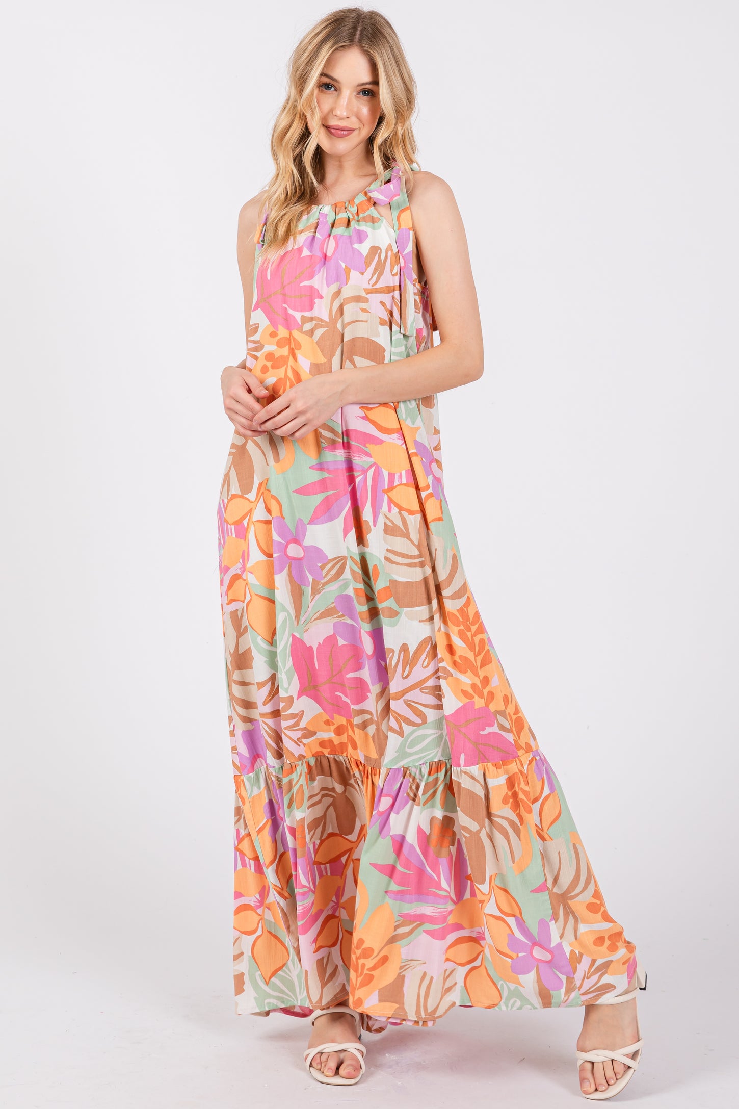 Pink Floral Shoulder Tie Empire Maternity Maxi Dress