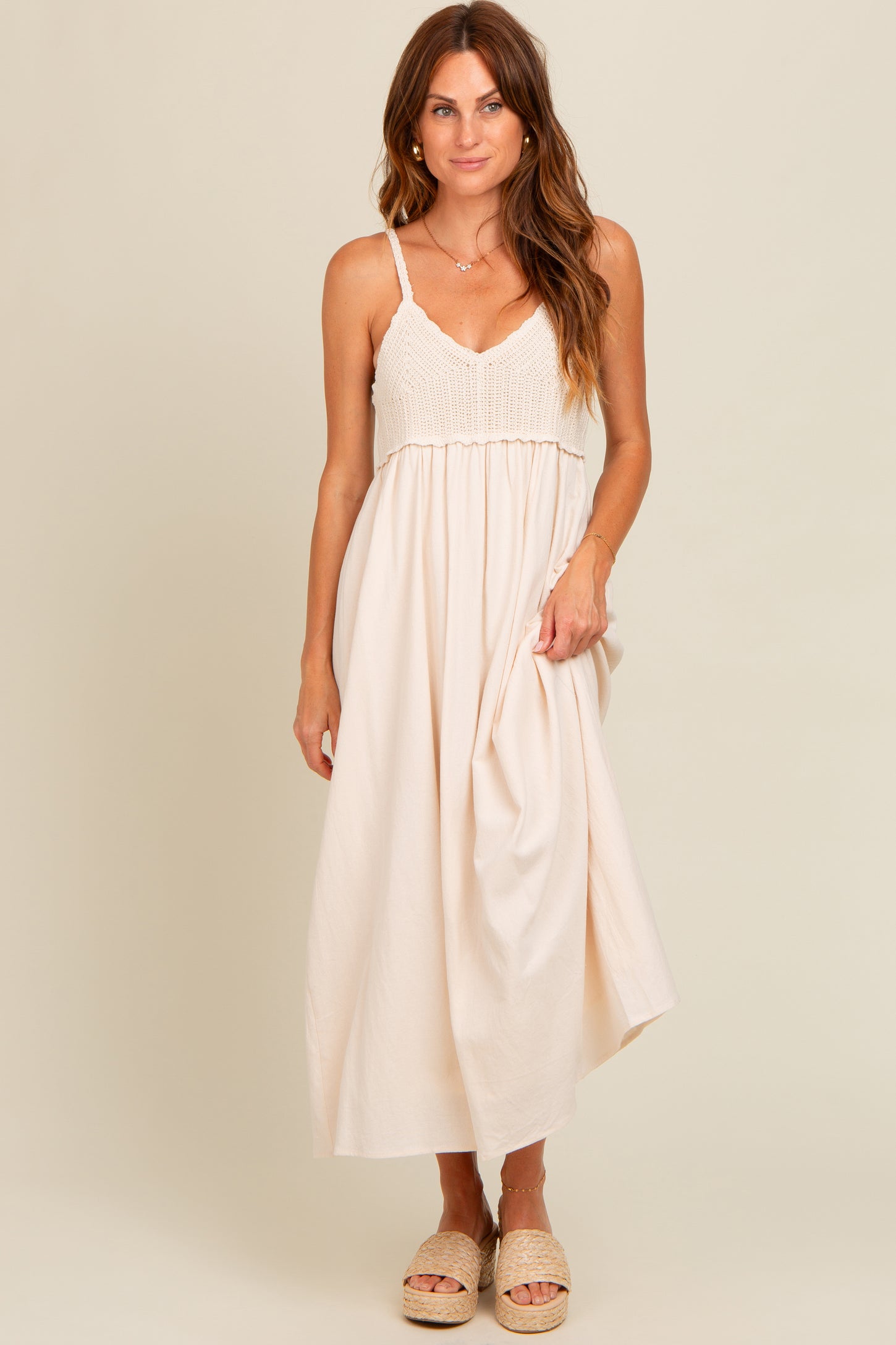 Cream V-Neck Crochet Top Midi Dress Cream V-Neck Crochet Top Midi Dress
