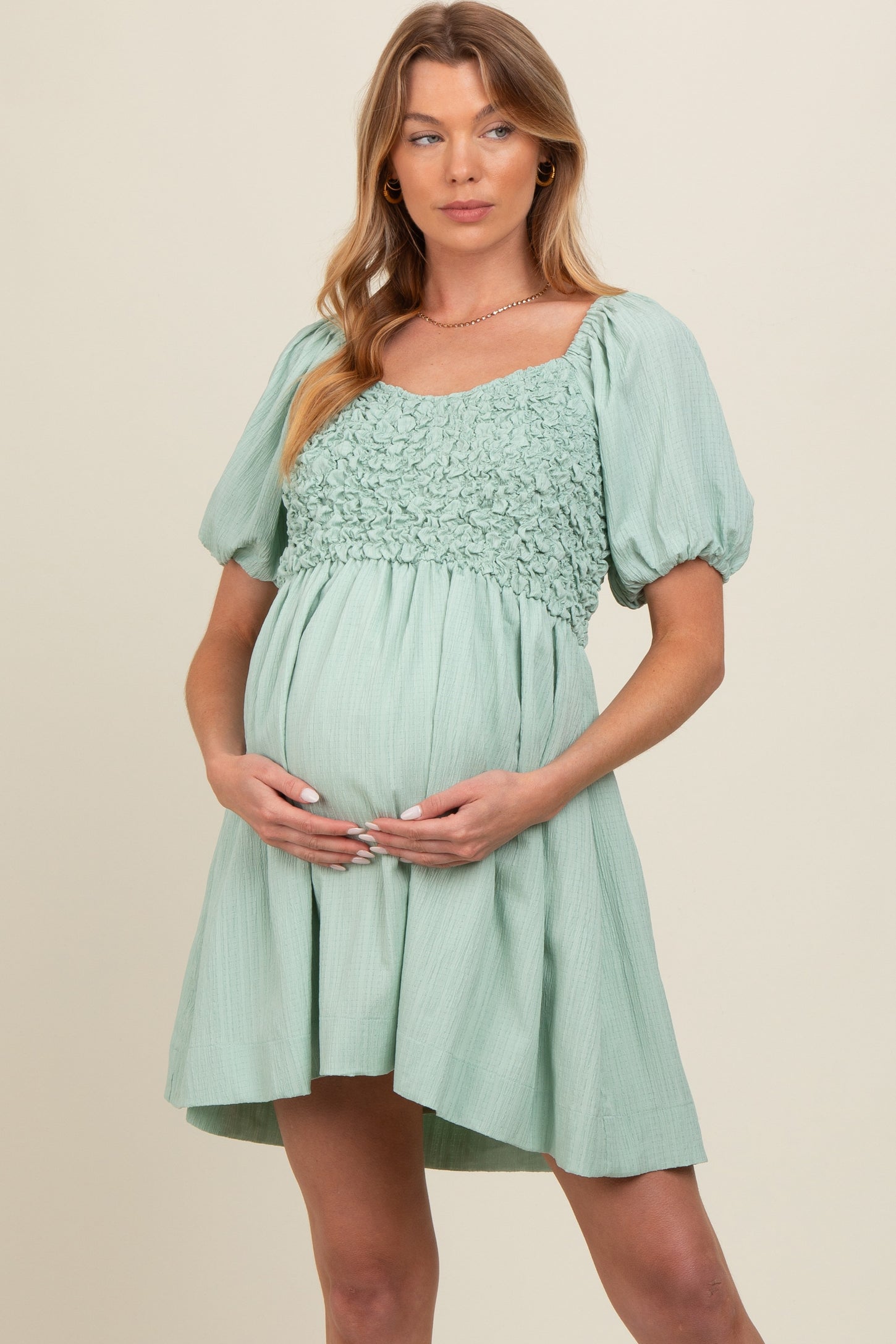 mint green pregnancy dress Mint Green Floral Smocked Chiffon Maternity Dress