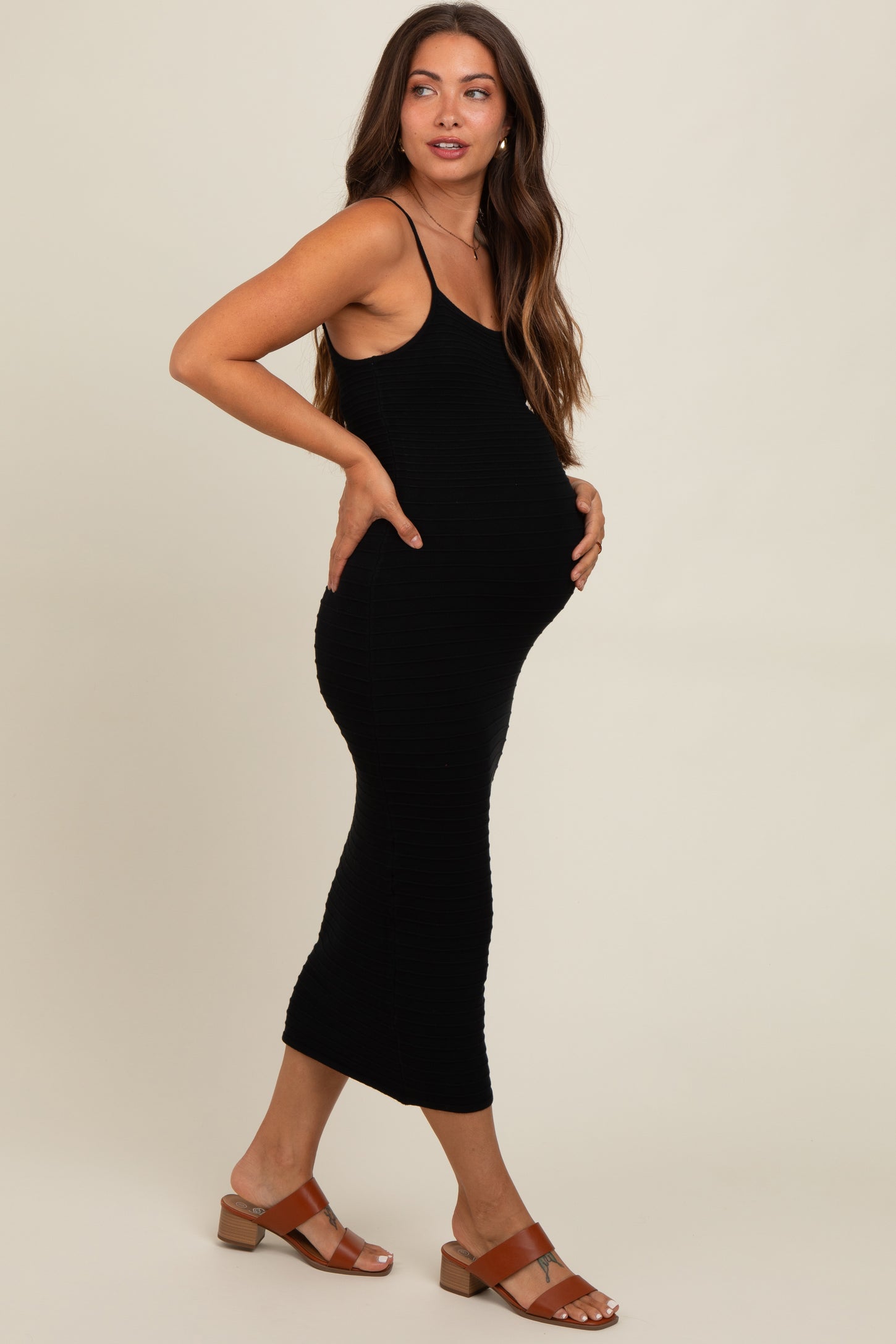 Black Fitted Spaghetti Strap Maternity Midi Dress PinkBlush Black Fitted Spaghetti Strap Maternity Midi Dress PinkBlush