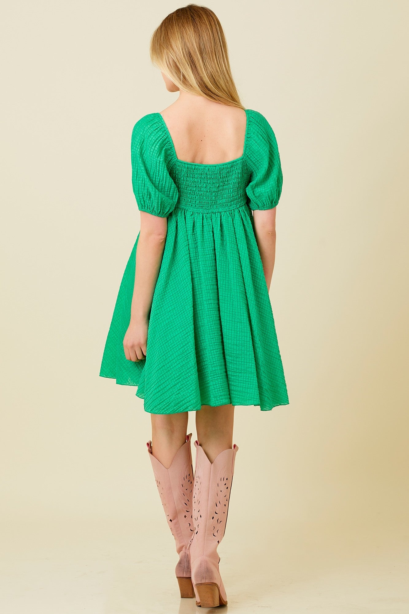 Green Textured Puff Sleeve Sweetheart Neckline Dress PinkBlush Green Textured Puff Sleeve Sweetheart Neckline Dress PinkBlush