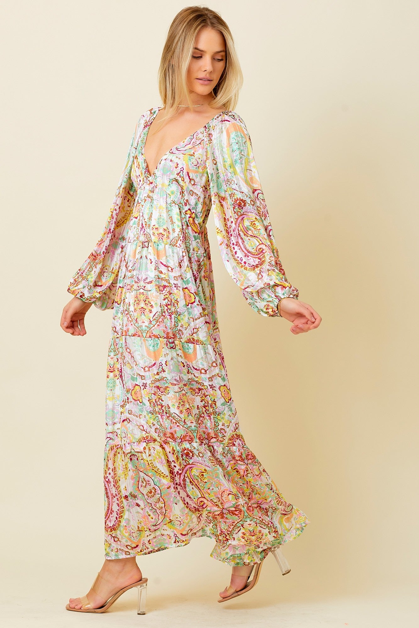 Multi-Color Floral Metallic Striped Tiered Long Puff Sleeve Maxi Dress –  PinkBlush
