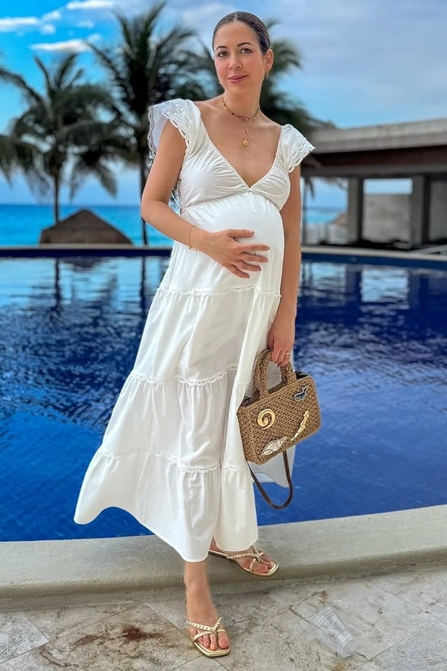 pink blush maternity white dress PinkBlush White Lace Off Shoulder Maternity Photoshoot Gown/Dress