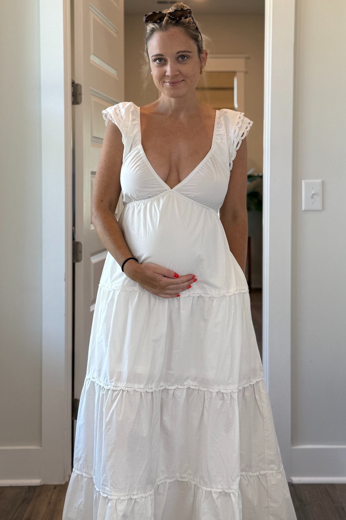 White Ruffle Trim Maternity Maxi Dress