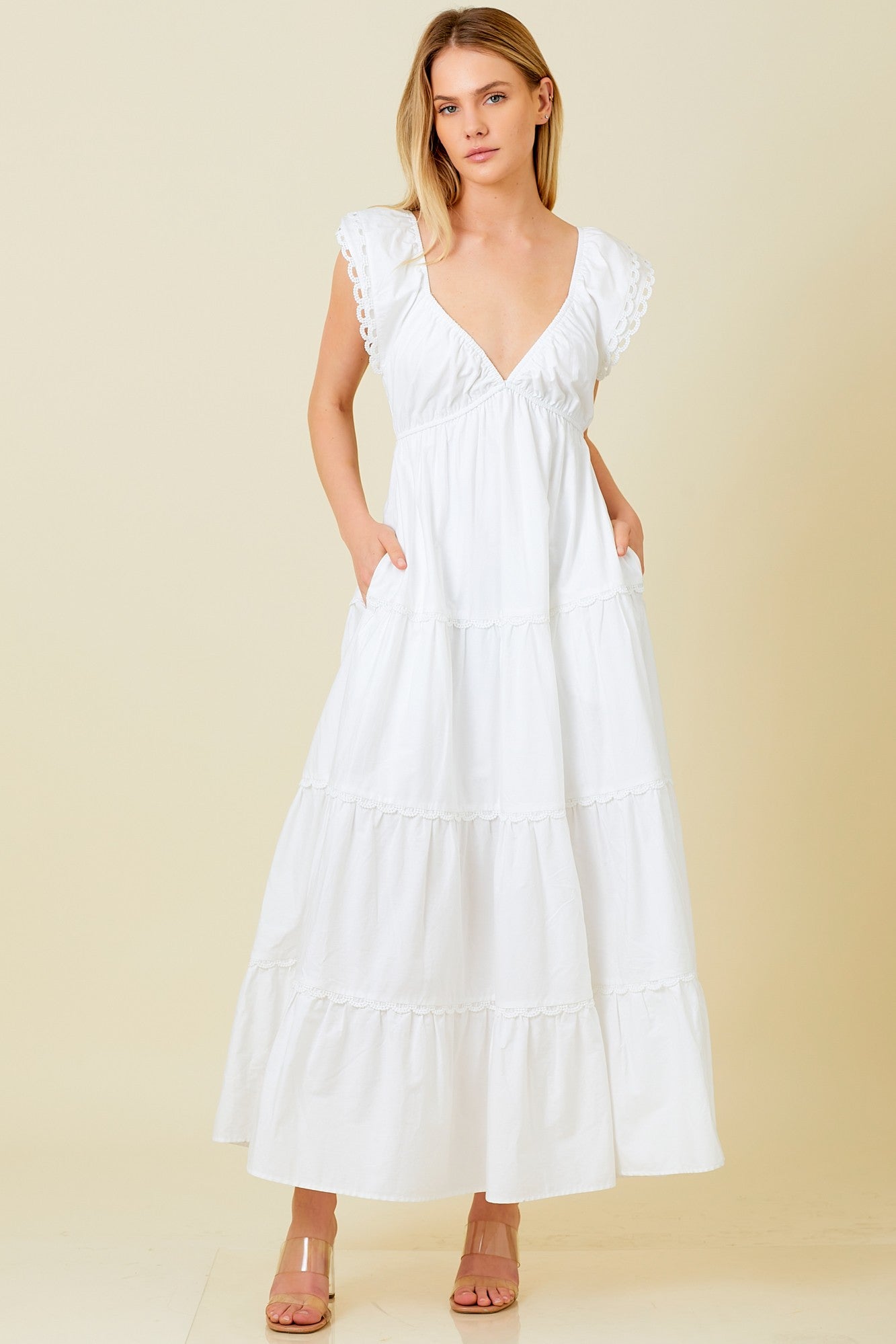 white ruffle maxi dress White Ruffle Trim Maternity Maxi Dress
