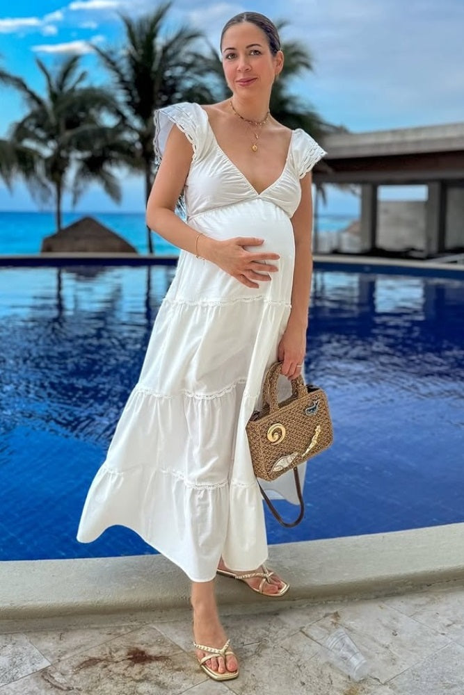 White Ruffle Trim Maternity Maxi Dress