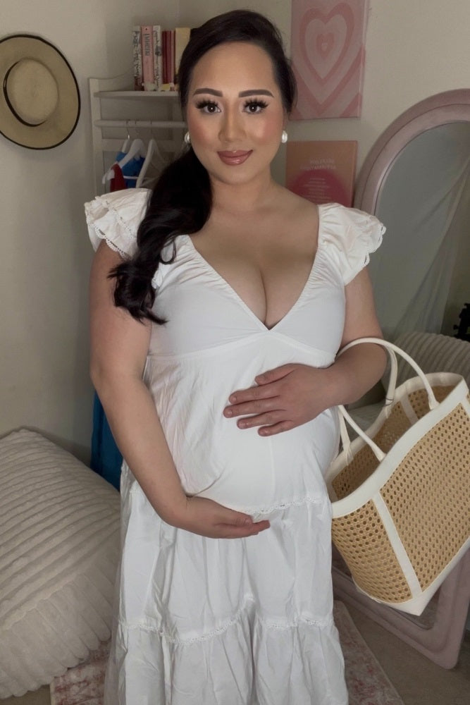 White Ruffle Trim Maternity Maxi Dress