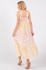Multi-Color Floral Square Neck Shoulder Tie Tiered Midi Dress