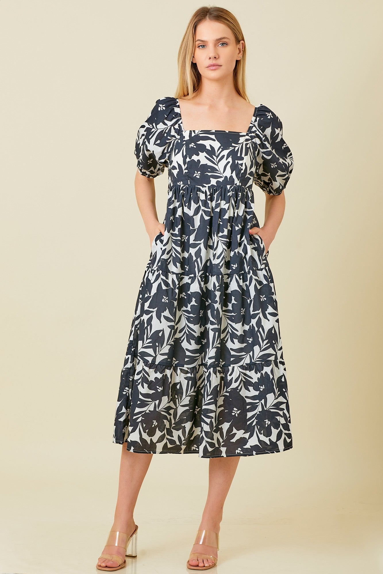 Black White Puff Sleeve Midi Dress