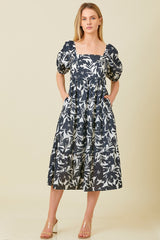 Black White Puff Sleeve Midi Dress