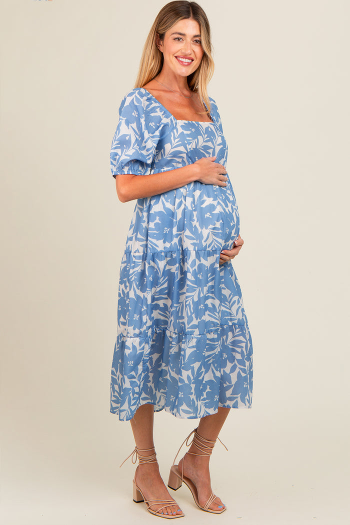 Blue White Floral Maternity Midi Dress
