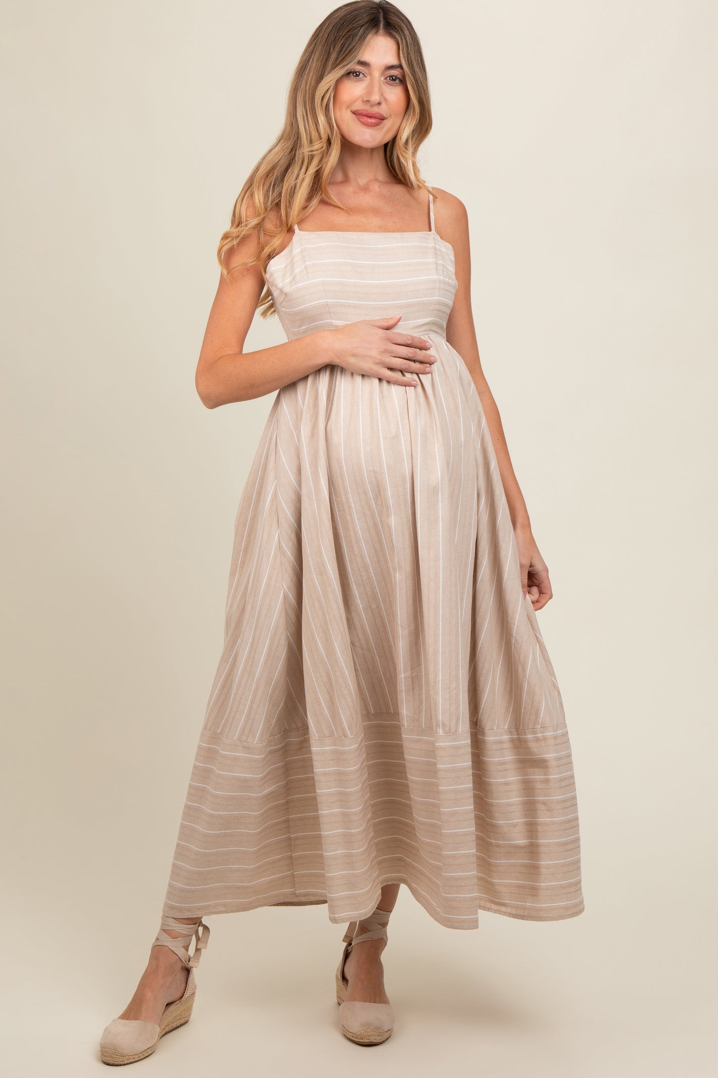 Beige Striped Cutout Back Maternity Maxi Dress – PinkBlush