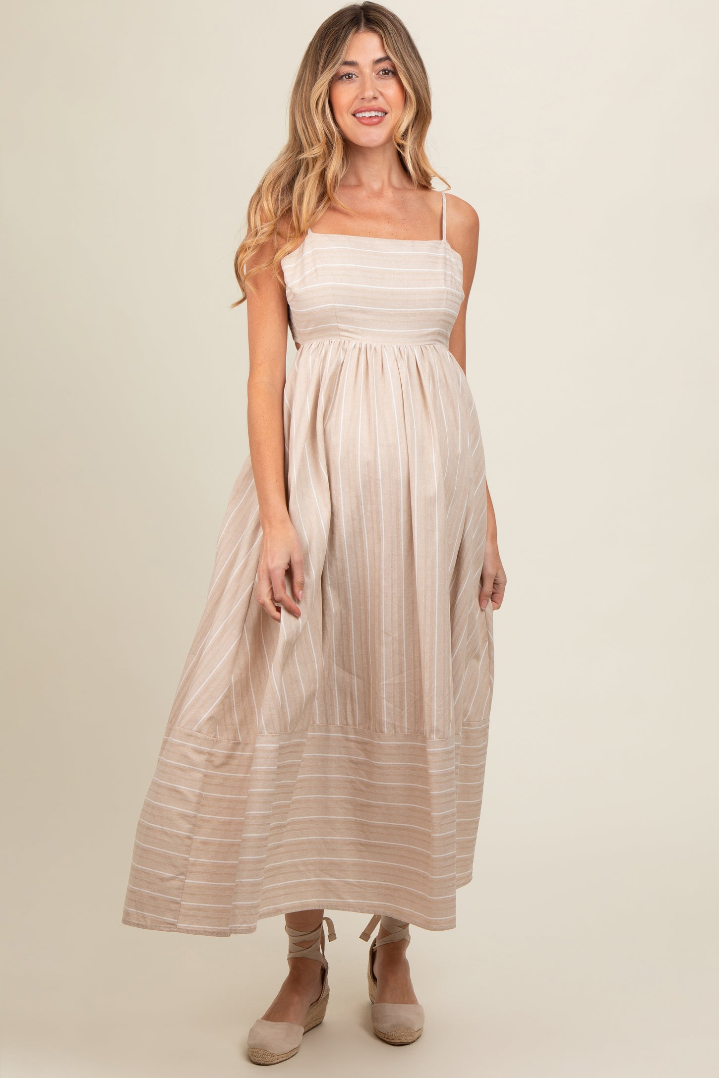 Beige Striped Cutout Back Maternity Maxi Dress – PinkBlush