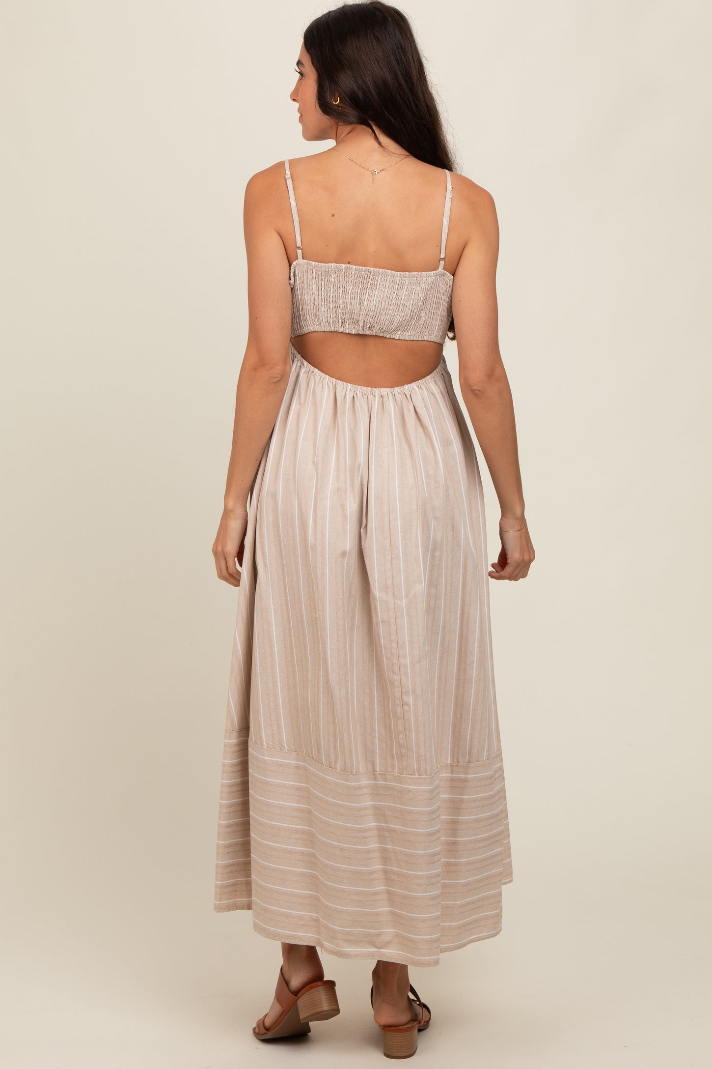 beige striped maxi dress Strappy Tiered Maxi Dress in Beige Stripes Reistor