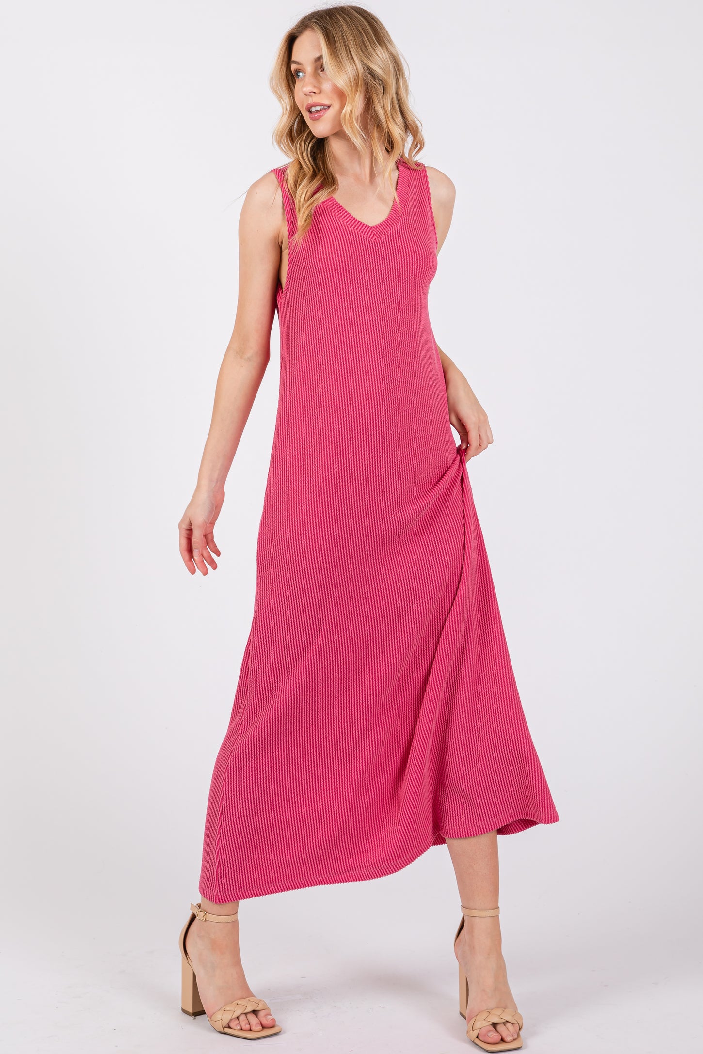 Fuchsia Sleeveless Ribbed Maxi Dress
