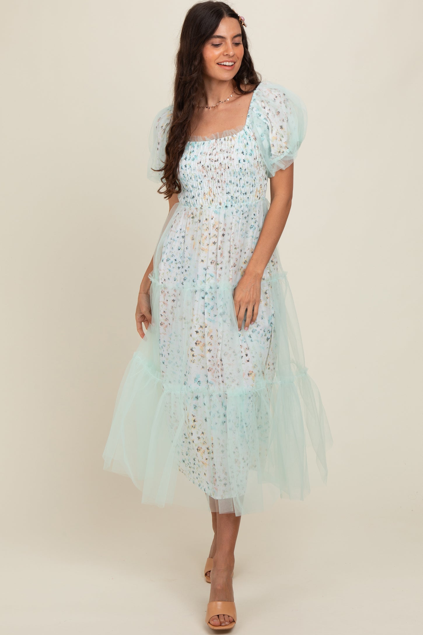 tulle floral midi dress Floral Embroidered Sequin Midi Dress with Puff Sleeves Champagne / Above Knee / US6