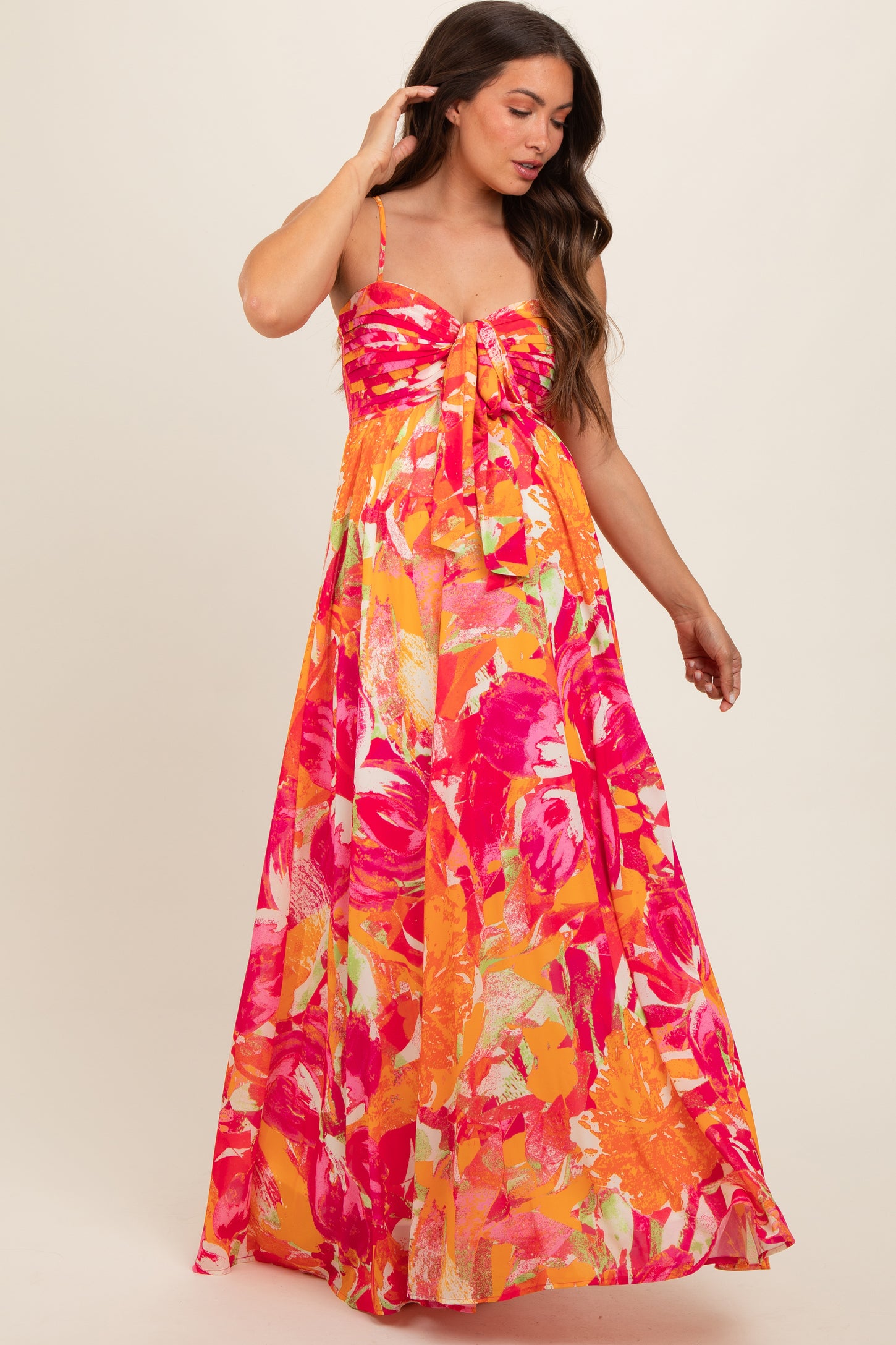 Fuchsia Abstract Floral Front Tie Maternity Maxi Dress PinkBlush Fuchsia Abstract Floral Front Tie Maternity Maxi Dress PinkBlush