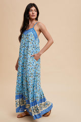 Blue Floral Border Print Lace Up Back Maxi Dress