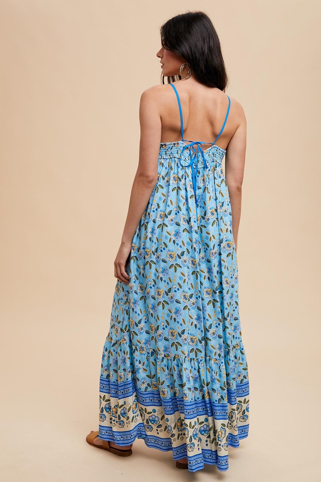 Blue Floral Border Print Lace Up Back Maxi Dress PinkBlush Blue Floral Border Print Lace Up Back Maxi Dress PinkBlush