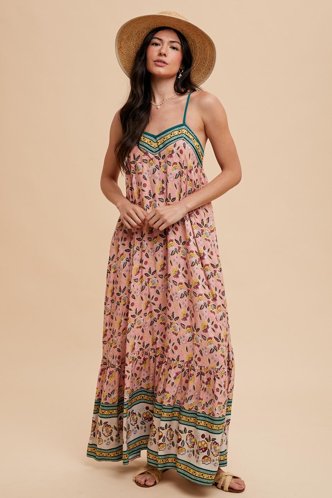 Pink Floral Border Print Lace Up Back Maxi Dress Pink Floral Border Print Lace Up Back Maxi Dress