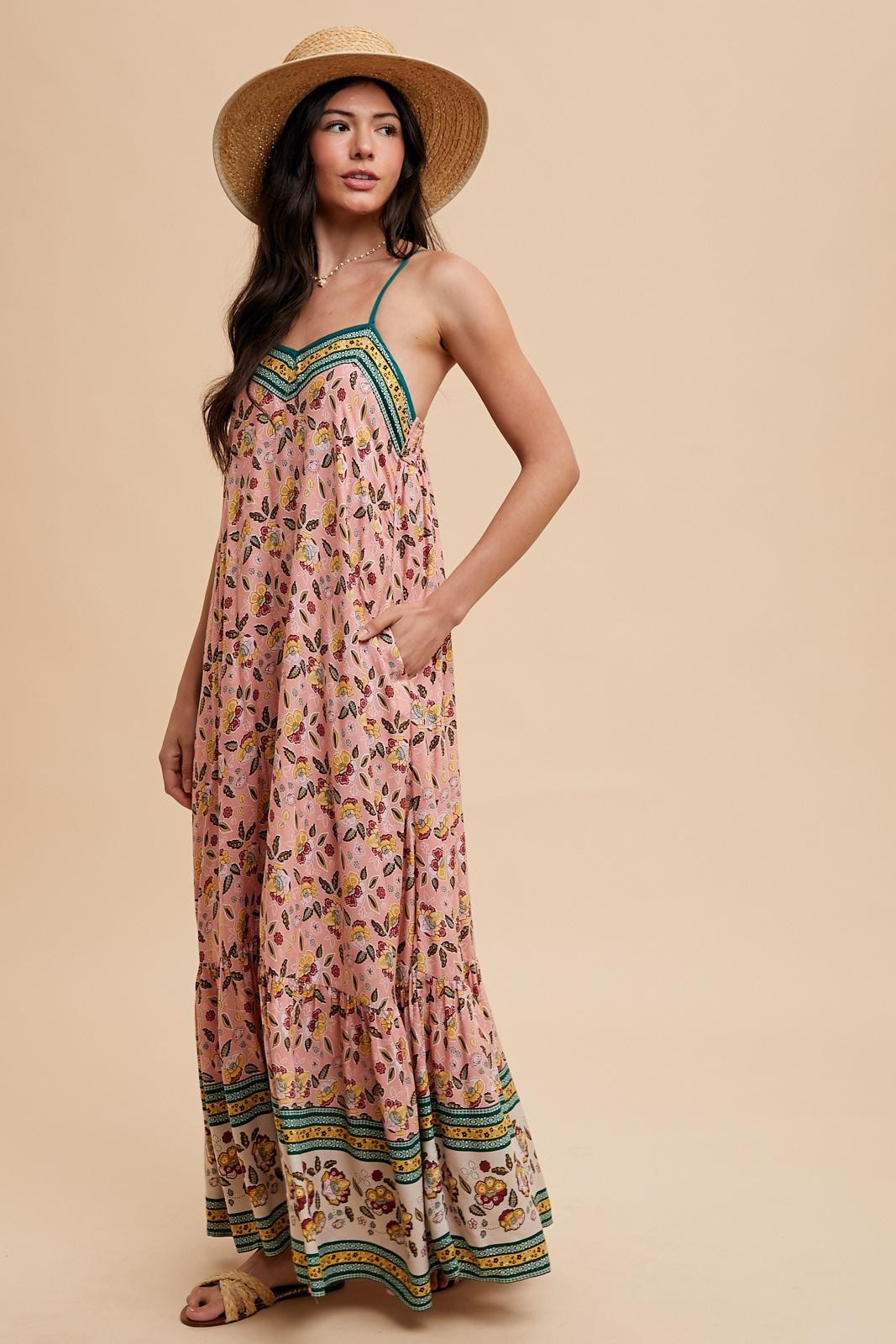 Pink Floral Border Print Lace Up Back Maxi Dress PinkBlush Pink Floral Border Print Lace Up Back Maxi Dress PinkBlush
