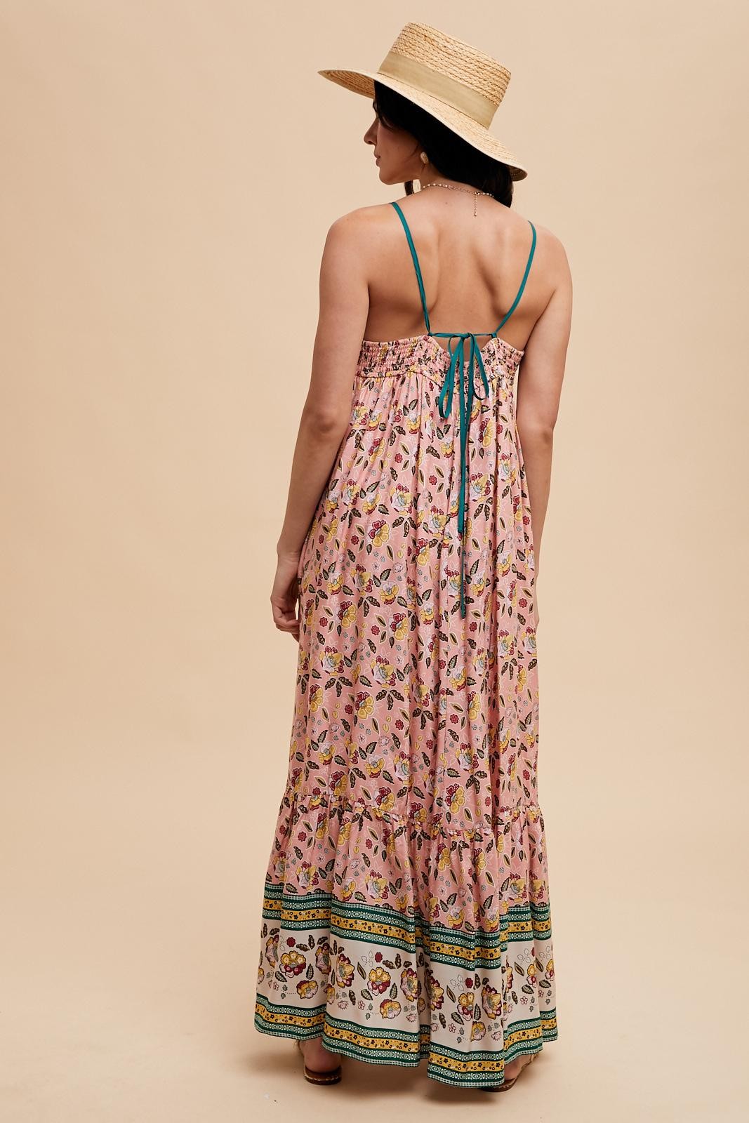 Pink Floral Border Print Lace Up Back Maxi Dress PinkBlush Pink Floral Border Print Lace Up Back Maxi Dress PinkBlush