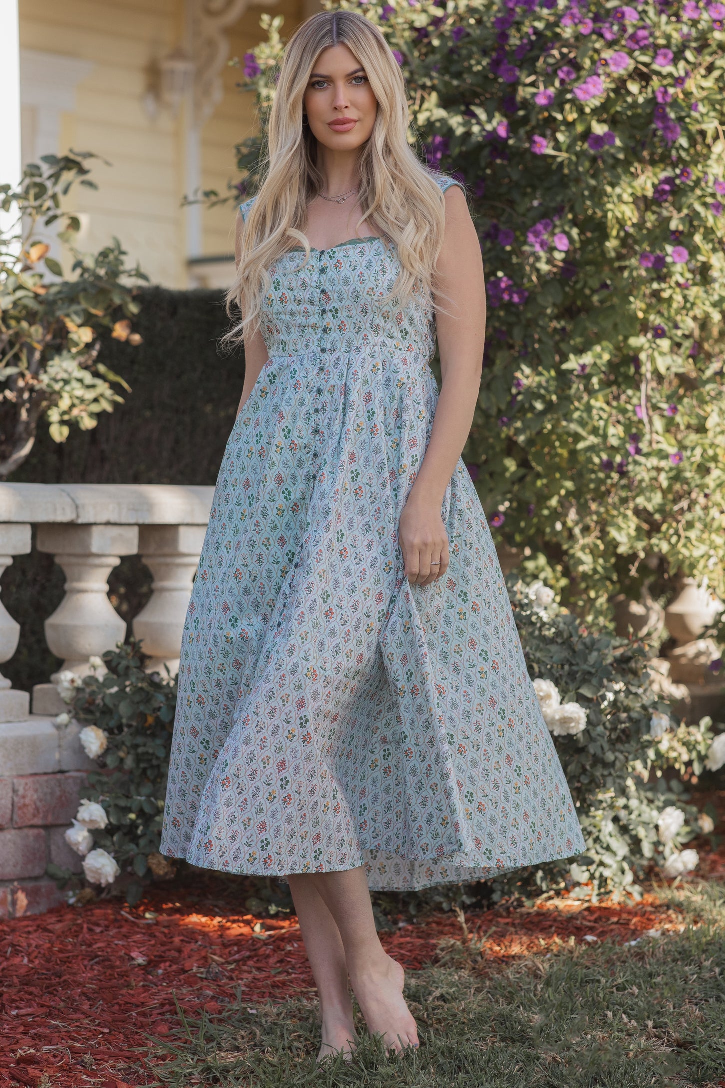Light Blue Floral Button Front Sleeveless Maxi Dress