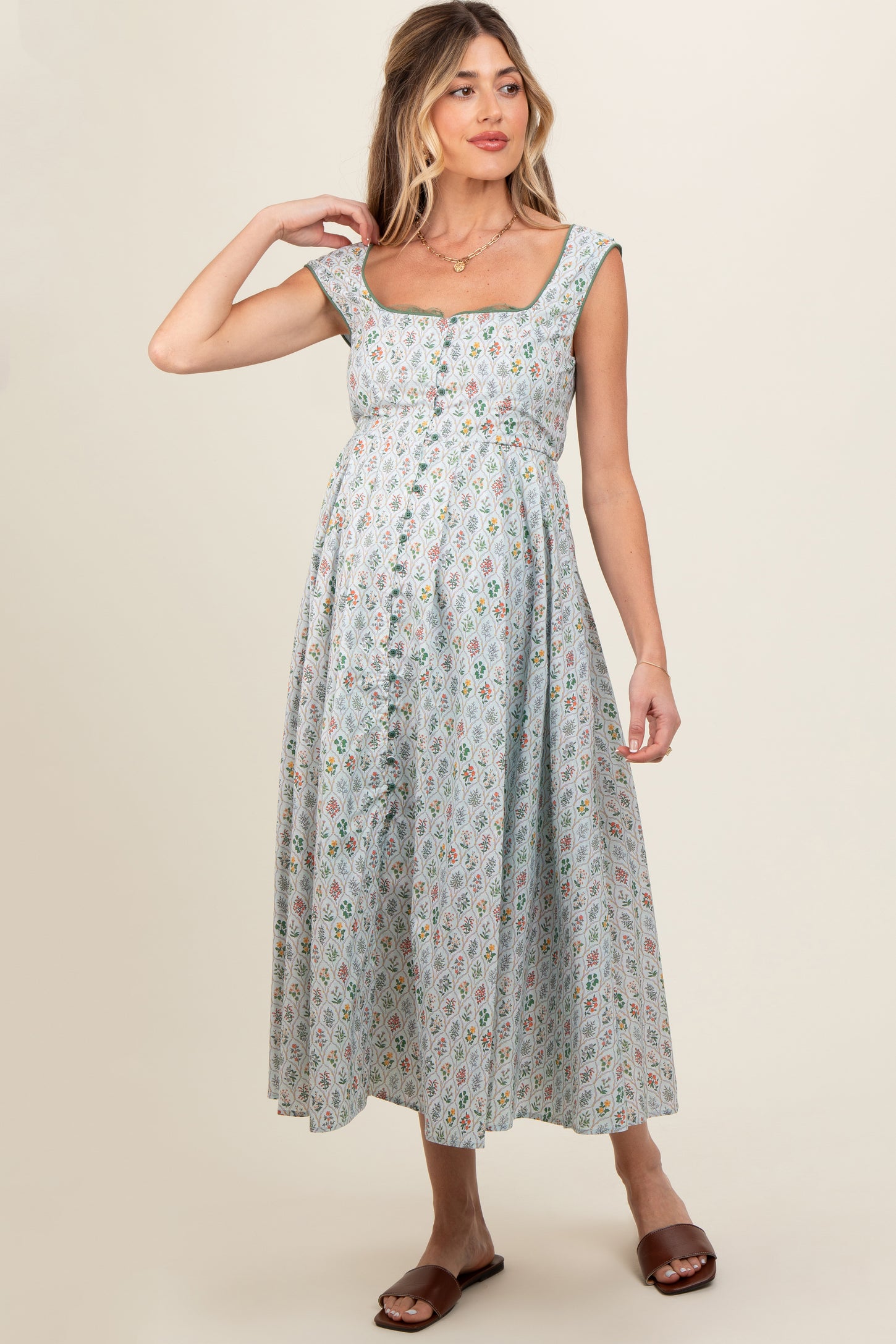 Light Blue Floral Button Front Sleeveless Maternity Maxi Dress Light Blue Floral Button Front Sleeveless Maternity Maxi Dress