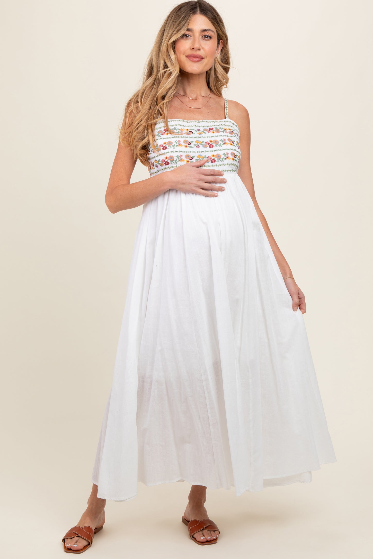 Multi-Color Floral Embroidered Lace-Up Back Maternity Maxi Dress PinkBlush Multi-Color Floral Embroidered Lace-Up Back Maternity Maxi Dress PinkBlush