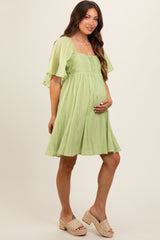 Green Square Neck Pleated Flutter Short Sleeve Maternity Dress