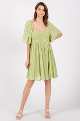 Green Square Neck Pleated Flutter Short Sleeve Dress