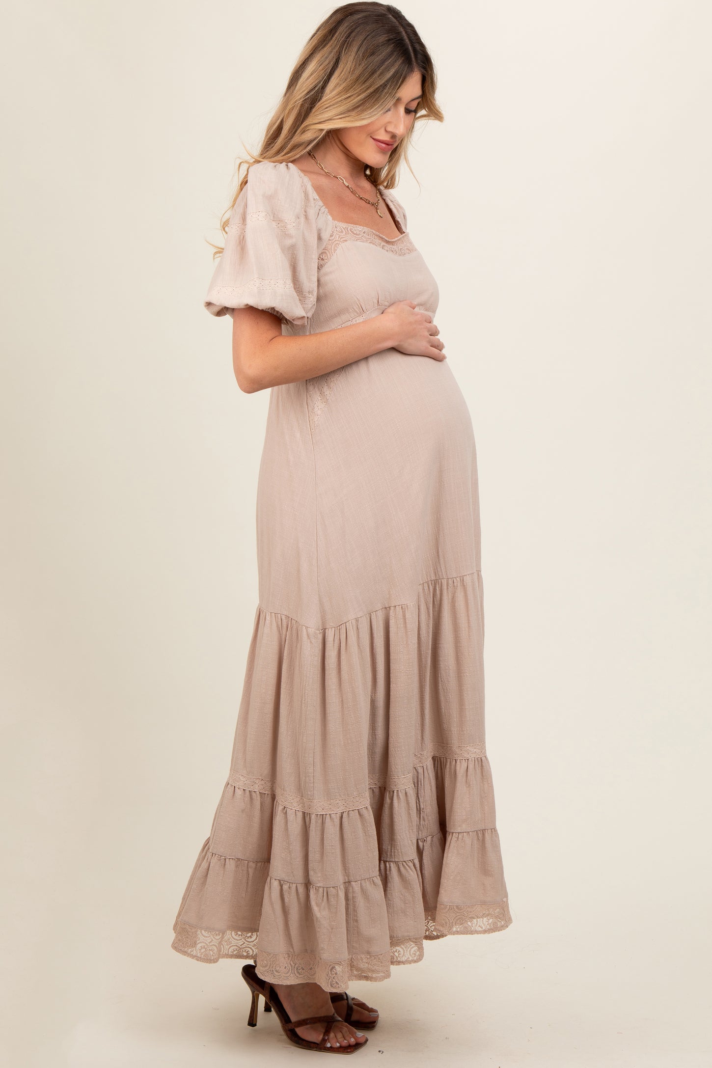 Beige Lace Insert Maternity Maxi Dress – PinkBlush