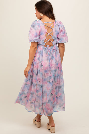 Lavender Floral Square Neck Short Puff Sleeve Lace-Up Back Maternity Midi Dress