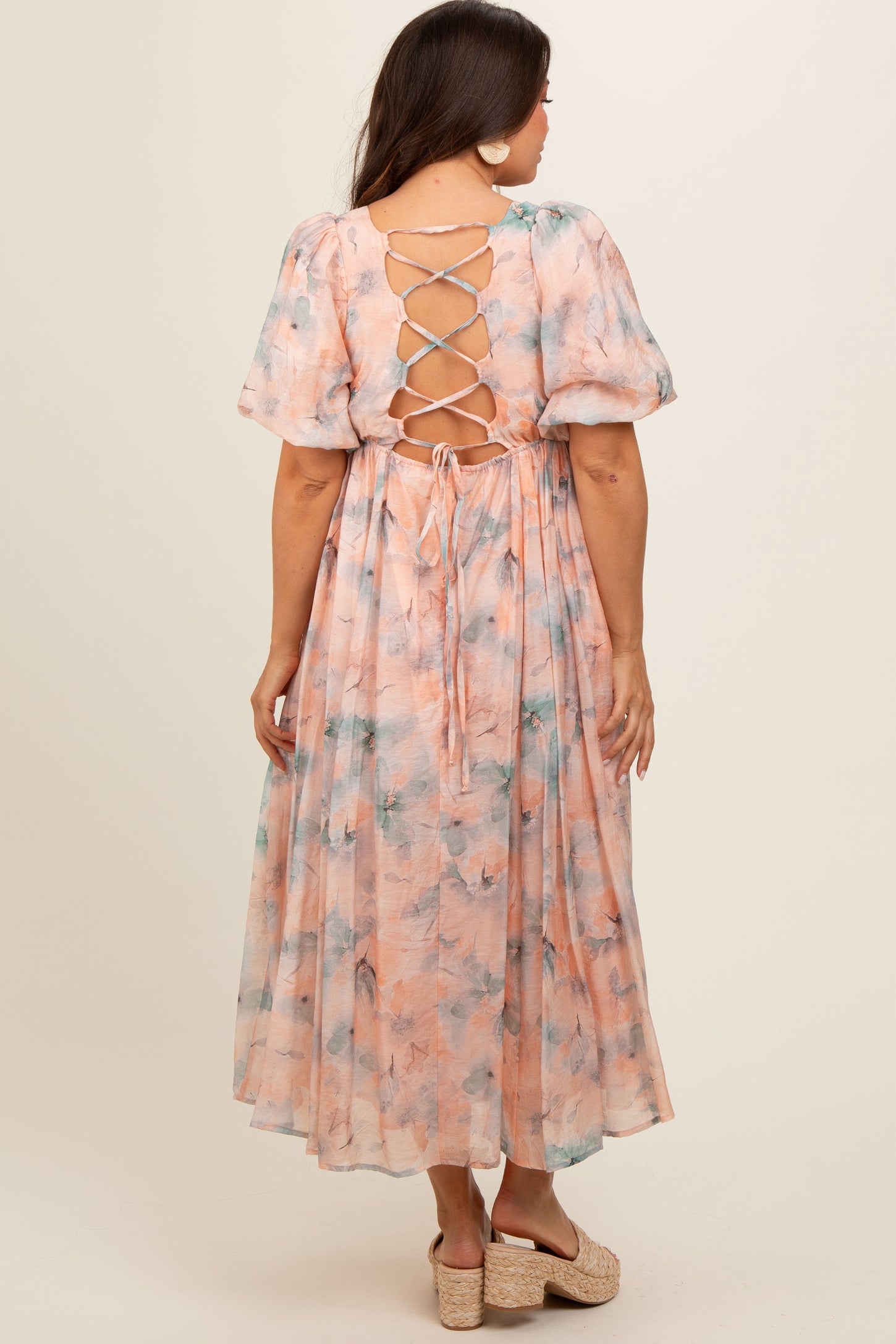 Peach Floral Square Neck Short Puff Sleeve Lace-Up Back Maternity Midi Dress Peach Floral Square Neck Short Puff Sleeve Lace-Up Back Maternity Midi Dress