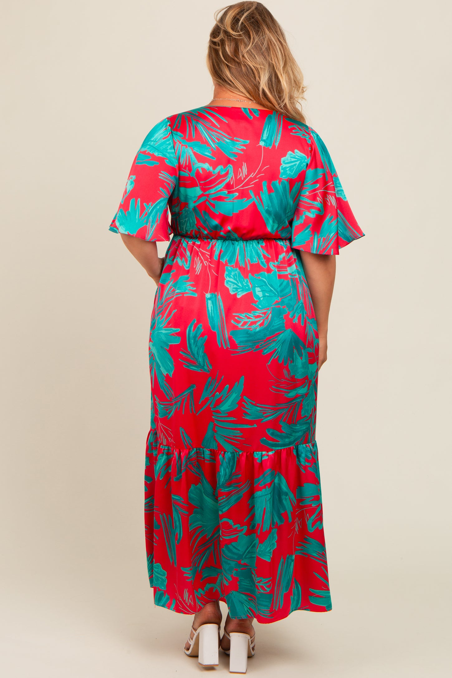 Red Satin Palm Print Button Front Maternity Plus Maxi Dress