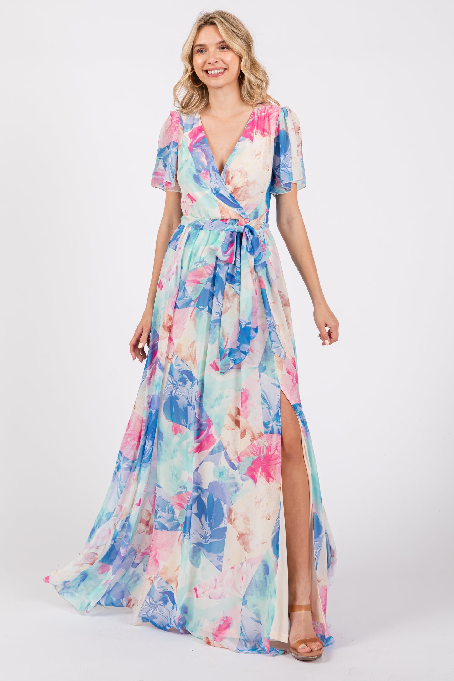 Blue Multicolor Floral Side Slit Maternity Wrap Maxi Dress