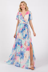 Blue Multicolor Floral Side Slit Maternity Wrap Maxi Dress