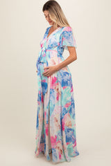 Blue Multicolor Floral Side Slit Maternity Wrap Maxi Dress