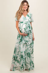 Forest Green Floral Side Slit Maternity Wrap Maxi Dress