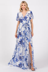 Blue Floral Side Slit Maternity Wrap Maxi Dress