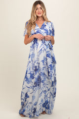 Blue Floral Side Slit Maternity Wrap Maxi Dress