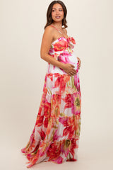 Pink Floral Top Accent Tiered Maternity Maxi Dress