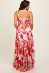 Pink Floral Top Accent Tiered Maternity Maxi Dress
