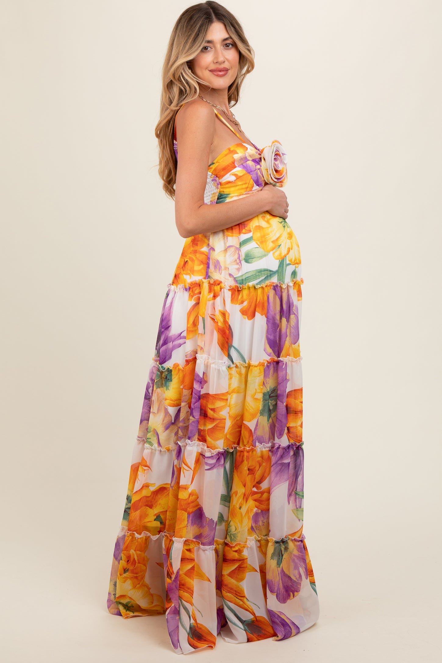 Purple Floral Top Accent Tiered Maternity Maxi Dress