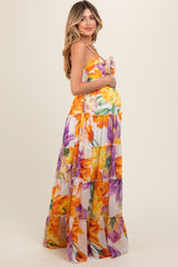 Purple Floral Top Accent Tiered Maternity Maxi Dress