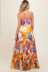 Purple Floral Top Accent Tiered Maternity Maxi Dress