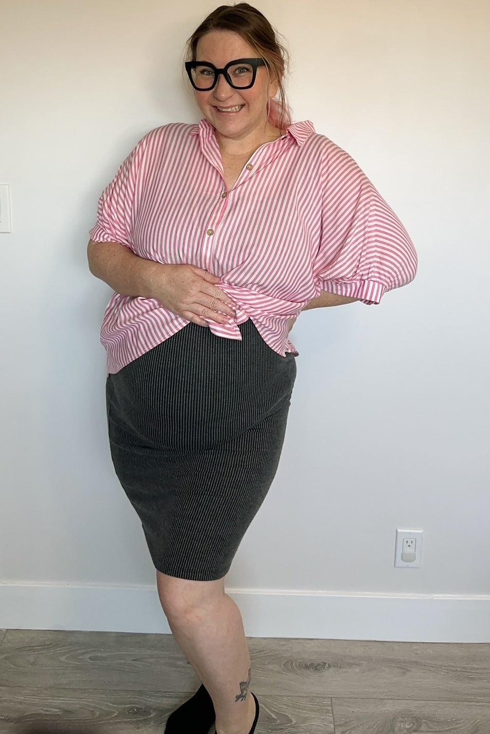 Fuchsia Striped Button Up Dolman Maternity Top