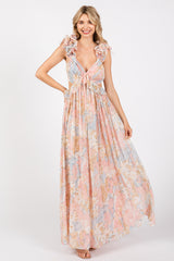 Light Pink Floral Ruffle Accent Cutout Maternity Gown