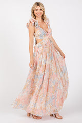 Light Pink Floral Ruffle Accent Cutout Gown