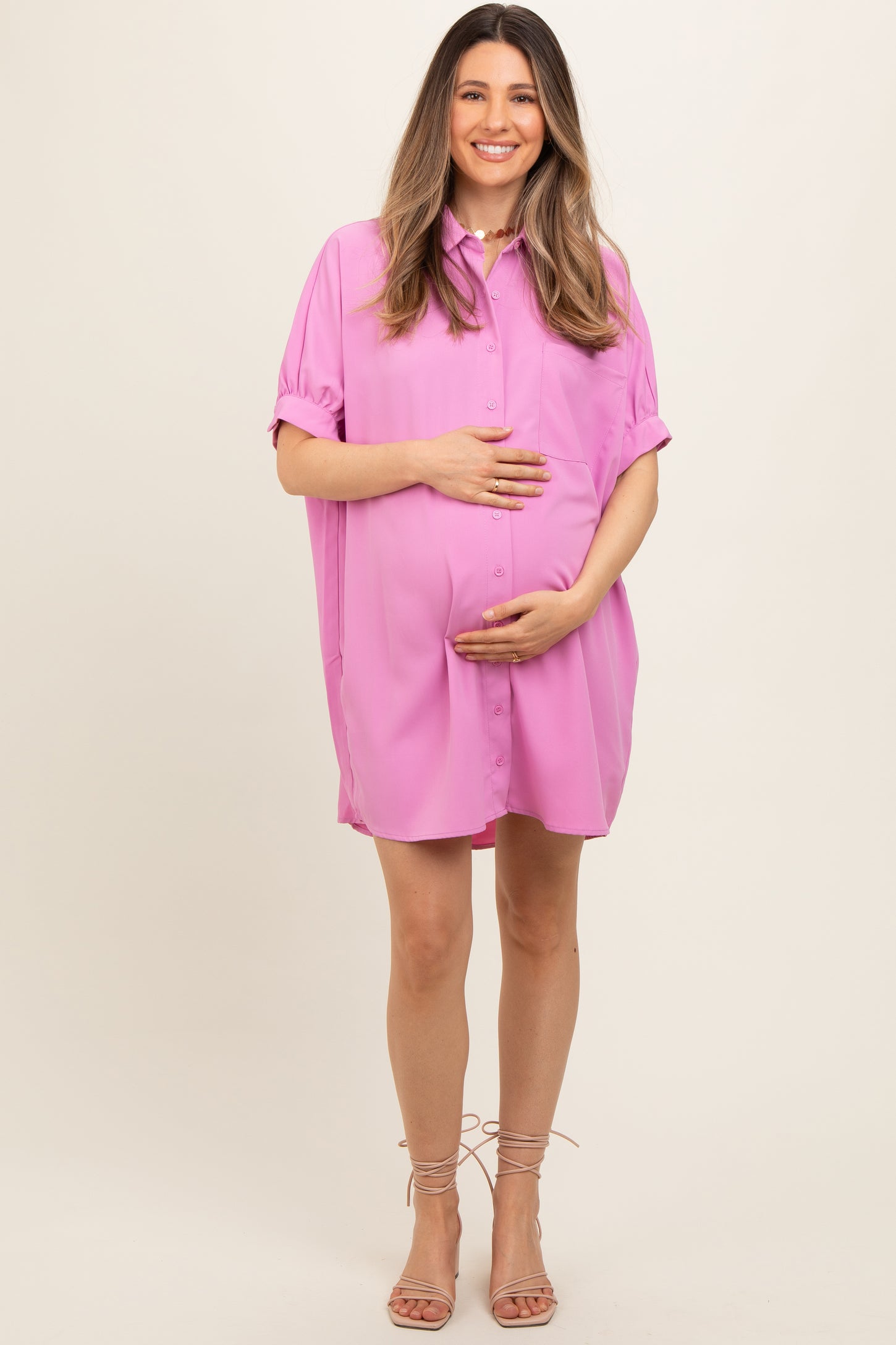 Pink Collared Button Down Maternity Shirt Dress – PinkBlush